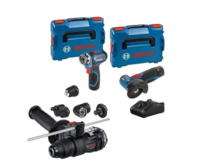 Bosch GSR 12V 15FC 12v Flexiclick Drill Driver 4 Chucks GWS 12V 76 Grinder SDS Buyaparcel