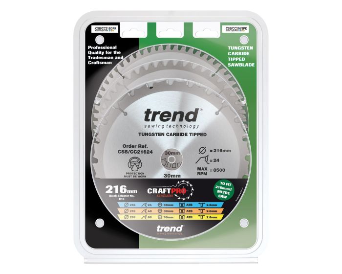 Trend CSB CC216 3PK CraftPro Mitre Saw Blade 3 Pack 216mm x 30mm x