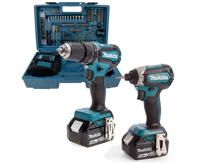 Makita 18v Brushless Twin Pack Combi Hammer Drill Impact Driver + 101pc Bit  Set Buyaparcel