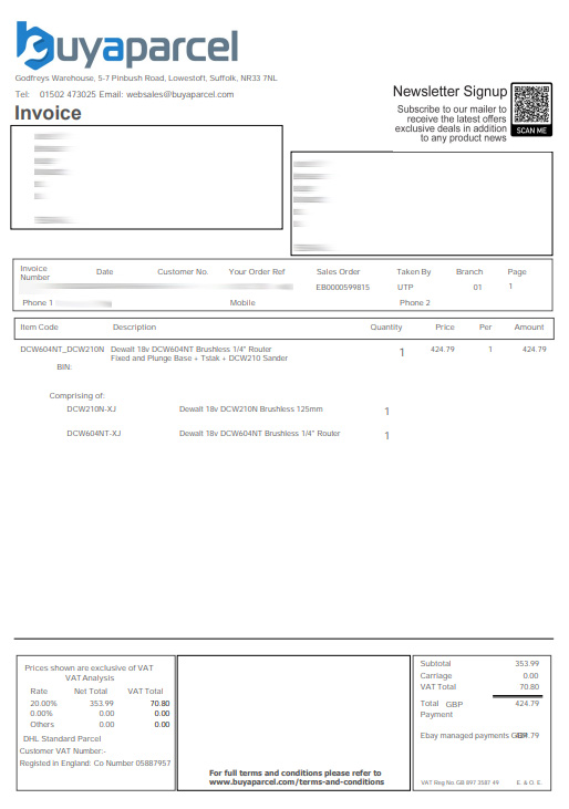 Dewalt £30 Cashback Invoice from Buyaparcel