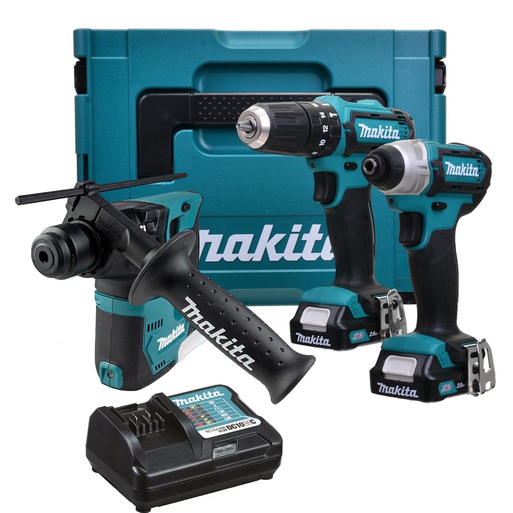 Makita - 12V CXT 3pc Kit Combi Hammer Drill + Impact Driver + SDS Drill 2 Battery